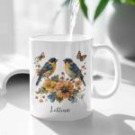 Customized Lesser Goldfinch Bird Ceramic Cup With Name, Colorful Flowers And Butterflies Tea Mug, Personalized Bird Lover Present, Nature Inspired Coffee Cup For Bird Enthusiasts