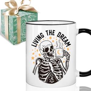 Funny Office Coffee Mug Gifts for Coworkers - Living the Dream Funny Mental Health Skull Offensive Sarcasm Work Gift for Women Men, Office Birthday Mugs Gifts for Colleagues, New Job Mug 11oz