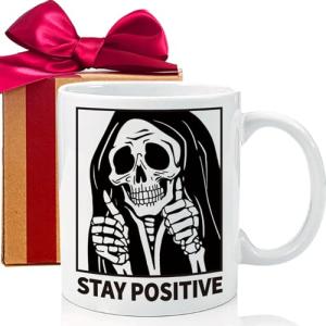 Stay Positive Coffee Mug Gift for Women & Men - 11oz Inspirational Skull Design Ceramic Cup - Motivational Present for Birthday, Get Well, Halloween - Office Decor & Encouragement Gifts -262