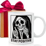 Stay Positive Coffee Mug Gift for Women & Men - 11oz Inspirational Skull Design Ceramic Cup - Motivational Present for Birthday, Get Well, Halloween - Office Decor & Encouragement Gifts -262