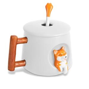 YLOKO Cute Shiba Inu Ceramic Mug wtih Lid and Spoon, 14oz Novelty Coffee Mugs, Cute Dog Cup for Coffee, Tea, Milk, Lovely Gifts for Dog Lovers, Kids, Friends - White