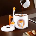 YLOKO Cute Shiba Inu Ceramic Mug wtih Lid and Spoon, 14oz Novelty Coffee Mugs, Cute Dog Cup for Coffee, Tea, Milk, Lovely Gifts for Dog Lovers, Kids, Friends - White