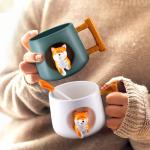 YLOKO Cute Shiba Inu Ceramic Mug wtih Lid and Spoon, 14oz Novelty Coffee Mugs, Cute Dog Cup for Coffee, Tea, Milk, Lovely Gifts for Dog Lovers, Kids, Friends - White