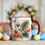 Hummingbird and Butterfly Watercolor Coffee Mug, Fall Bird Lover Mug, Autumn Leaves & Artistic Splash Design, Nature-Inspired Drinkware for Morning Coffee or Tea-Red Handle – Thanksgiving Season Theme
