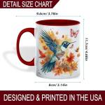 Hummingbird and Butterfly Watercolor Coffee Mug, Fall Bird Lover Mug, Autumn Leaves & Artistic Splash Design, Nature-Inspired Drinkware for Morning Coffee or Tea-Red Handle – Thanksgiving Season Theme