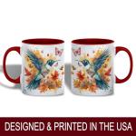 Hummingbird and Butterfly Watercolor Coffee Mug, Fall Bird Lover Mug, Autumn Leaves & Artistic Splash Design, Nature-Inspired Drinkware for Morning Coffee or Tea-Red Handle – Thanksgiving Season Theme