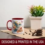 Hummingbird and Butterfly Watercolor Coffee Mug, Fall Bird Lover Mug, Autumn Leaves & Artistic Splash Design, Nature-Inspired Drinkware for Morning Coffee or Tea-Red Handle – Thanksgiving Season Theme
