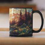 Customized Forest Landscape Coffee Cup, Nature Inspired Ceramic Mug 11oz 15oz, Personalized Name Scenic Cup, Gift For Outdoor Enthusiasts, Unique Custom Full Wrap Black Mug, 1PCS