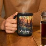 Customized Forest Landscape Coffee Cup, Nature Inspired Ceramic Mug 11oz 15oz, Personalized Name Scenic Cup, Gift For Outdoor Enthusiasts, Unique Custom Full Wrap Black Mug, 1PCS