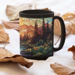 Customized Forest Landscape Coffee Cup, Nature Inspired Ceramic Mug 11oz 15oz, Personalized Name Scenic Cup, Gift For Outdoor Enthusiasts, Unique Custom Full Wrap Black Mug, 1PCS