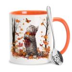 Hyturtle Fall Cat Maple Leaves Coffee Mug with Spoon, Birthday Gifts For Cat Lovers, Fall Autumn Decor Gifts For Farmhouse Thanksgiving, Cute Autumn Mug, 11oz Two Tone White Ceramic Coffee Tea Cup