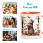 Hyturtle Fall Cat Maple Leaves Coffee Mug with Spoon, Birthday Gifts For Cat Lovers, Fall Autumn Decor Gifts For Farmhouse Thanksgiving, Cute Autumn Mug, 11oz Two Tone White Ceramic Coffee Tea Cup