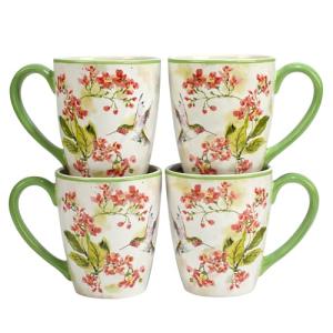 Hummingbirds 14 oz. Ceramic Mugs, Set of 4 – Assorted Watercolor Bird & Floral Designs, Microwave & Dishwasher Safe, Giftable Nature-Inspired Coffee Cups for Tea, Cocoa & Hot Beverages
