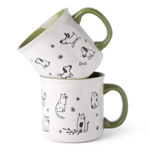AmorArc 22 OZ Large Ceramic Coffee Mugs Set of 2, Oversized Mugs With Big Handle for Men Women Dad Mom, Big Mug With Textured Dogs Cats Patterns for Office & Home -Microwave Safe, 2 Pcs-Green