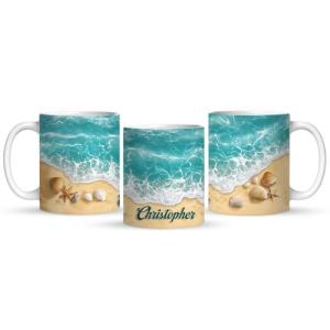 Custom Beach Coffee Mug With Waves Design, Personalized Coastal Seashells Cup, Full Wrap Mug, Nature White Cup, Gift For Beach Lovers, Customized Name Landscape Ceramic Mug 11oz 15oz