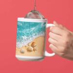 Custom Beach Coffee Mug With Waves Design, Personalized Coastal Seashells Cup, Full Wrap Mug, Nature White Cup, Gift For Beach Lovers, Customized Name Landscape Ceramic Mug 11oz 15oz