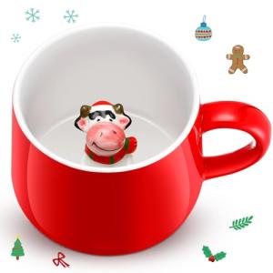 Sliner 3D funny Christmas Mugs with animal inside 13.5 oz Handmade Ceramics Coffee Cup Cute Cartoon Figurine Inside Mugs for Women Men Family Birthday Gifts Hot Cocoa Teacup(Cow)