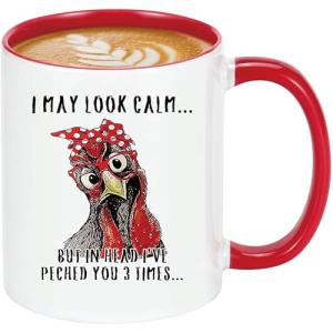 Lxenrra Funny Chicken Rooster Coffee Mug, “I May Look Calm But In My Head I’ve Pecked You 3 Times” Mug, Birthday Christmas Gifts for Women Men, Chicken Lover Farmer Gift, 11 Oz-Red