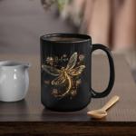 Personalized Glowing Dragonfly Black Mug, Nature Inspired Floral Design Cup, Customized Beautiful Dragonfly Coffee Mug, Gift For Nature Lovers, Custom Name Ceramic Mug 11oz Or 15oz