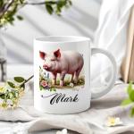 Custom Name Animal Ceramic Mug 11oz 15oz - Personalized Pig Coffee Cup with Cute Farm Animal Illustration - Unique Nature-Inspired Drinkware for Animal Lovers, Rustic Country Ceramic Tea Mug