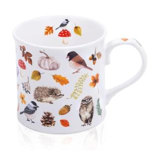 Autumn Animals Coffee Mug, 12 oz New Bone China Mug with Bird, Hedgehog, Owl & Pumpkin Design, Halloween & Fall Seasonal Ceramic Tea Mug, Nature Lover Gift, Designed in England by Harvest Green Studio