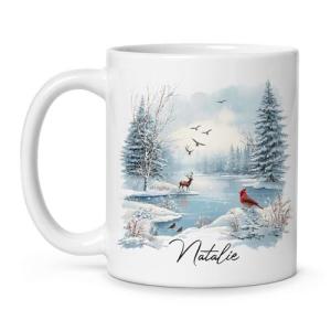 Beautiful Custom Winter Lake Cup, Gift For Nature Lovers, Personalized Name Nature Inspired Coffee Mug, Cardinal And Deer Ceramic Cup, Customized Winter Scene White Mug 11oz 15oz