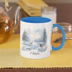 Beautiful Custom Winter Lake Cup, Gift For Nature Lovers, Personalized Name Nature Inspired Coffee Mug, Cardinal And Deer Ceramic Cup, Customized Winter Scene White Mug 11oz 15oz