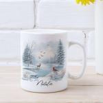 Beautiful Custom Winter Lake Cup, Gift For Nature Lovers, Personalized Name Nature Inspired Coffee Mug, Cardinal And Deer Ceramic Cup, Customized Winter Scene White Mug 11oz 15oz
