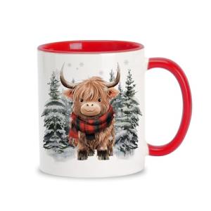 Hyturtle Winter Highland Cow Coffee Mug - Birthday Christmas Gifts For Highland Cow Lovers - Cute Animal Gifts For Women - Animal Lover Gift Ideas 11oz Two Tone Color Red/White Ceramic Tea Mug Cup
