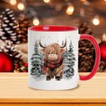 Hyturtle Winter Highland Cow Coffee Mug - Birthday Christmas Gifts For Highland Cow Lovers - Cute Animal Gifts For Women - Animal Lover Gift Ideas 11oz Two Tone Color Red/White Ceramic Tea Mug Cup