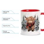 Hyturtle Winter Highland Cow Coffee Mug - Birthday Christmas Gifts For Highland Cow Lovers - Cute Animal Gifts For Women - Animal Lover Gift Ideas 11oz Two Tone Color Red/White Ceramic Tea Mug Cup