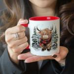Hyturtle Winter Highland Cow Coffee Mug - Birthday Christmas Gifts For Highland Cow Lovers - Cute Animal Gifts For Women - Animal Lover Gift Ideas 11oz Two Tone Color Red/White Ceramic Tea Mug Cup
