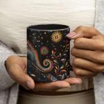 1PCS Colorful Chameleon Ceramic Mug, Customized Name Black Cup With Floral Design, Personalized Nature-Inspired Coffee Mug, Gift For Reptile Enthusiasts, Custom Full Wrap Cup 11oz 15oz