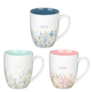 WITH LOVE Floral Coffee/Tea Mug Set Inspirational Faith Hope Love Teal, Pink, Blue Floral 3pc, Microwave/Dishwasher Safe 12oz