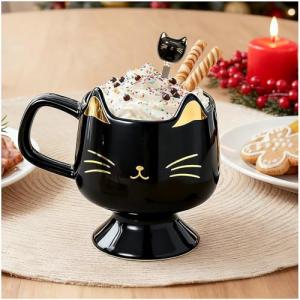 Christmas Mugs High-Footed Ceramic Cat Mug – 13.5oz Unique Coffee Cup with kitty Expression Design, Fun Gift for Women, Girls, Kids, Cat Lovers (black)