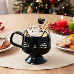 Christmas Mugs High-Footed Ceramic Cat Mug – 13.5oz Unique Coffee Cup with kitty Expression Design, Fun Gift for Women, Girls, Kids, Cat Lovers (black)