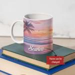 Personalized Beach Coffee Mug, Gift For Beach Lovers, Custom Nature Inspired Cup, Sunset Scene Full Wrap Mug, Customized Name Beach And Palm Tree Ceramic Cup, White Mug 11oz 15oz