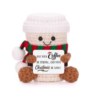 AGIFTMIND Positive Coffee Funny Handmade Crochet Cup with Uplifting Card, Unique Gifts for Coffee Lovers Women Friends Birthday Graduation (XmasEspresso)
