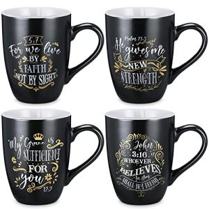 Jinei 4 Pcs Christian Coffee Mugs Set Black Stoneware Bible Coffee Mugs for Men Women Religious Inspirational Motivational Encouragement Gifts, 12 oz