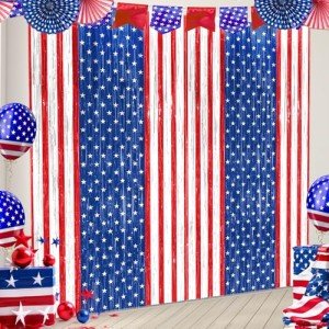 Red, White, and Blue Tinsel Fringe Curtains Set