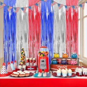 2 Pack Red White Blue Tinsel Curtains for Parties
