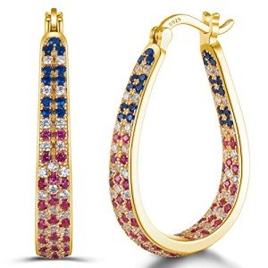 American Flag Silver Hoop Earrings with Zirconia