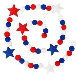 Whaline Patriotic Felt Pom Pom Banner 4th of July Felt Hanging Garland Independence Day Pom Ball Banner Red Blue White Star Decorative Bunting Banner for Memorial Day Home Wall Party Supplies, 8.2Ft