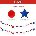 Whaline Patriotic Felt Pom Pom Banner 4th of July Felt Hanging Garland Independence Day Pom Ball Banner Red Blue White Star Decorative Bunting Banner for Memorial Day Home Wall Party Supplies, 8.2Ft