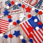 Whaline Patriotic Felt Pom Pom Banner 4th of July Felt Hanging Garland Independence Day Pom Ball Banner Red Blue White Star Decorative Bunting Banner for Memorial Day Home Wall Party Supplies, 8.2Ft