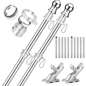 Bubblythe 2 Pack Flag Poles for House, 6 FT Flag Pole Kit with 2 No-Tangle Aluminum Ring Clips and Holder Mounting Bracket, Heavy Duty Stainless Steel Flag Poles for Outside House, Boat Flagpole, 6ft