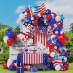 4th of July Balloon Garland Arch Kit,100pcs Navy Blue Red White Balloons Arch With Paper Banner For Independence Day Patriotic Party Supplies, July 4th Balloon Decorations with Shiny Stars Pendants