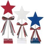 3 Pcs 4th of July Stars Decoration Patriotic Centerpieces Wooden Standing Star Block Memorial Day Decoration Rustic Independence Day Centerpieces for American Festival Home (Cute Style)