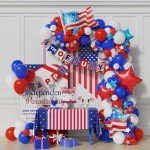 4th of July Balloon Garland Arch Kit,100pcs Navy Blue Red White Balloons Arch With Paper Banner For Independence Day Patriotic Party Supplies, July 4th Balloon Decorations with Shiny Stars Pendants