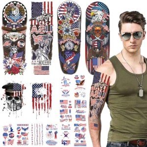 Fourth of July Tattoos Independence Day Temporary Tattoo Sleeve Patriotic United States American Flag Tattoos Face Stickers US Memorial Day USA Full Arm 4th of July Decorations for Men Women Kids